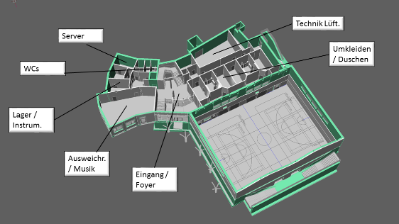 EG1: unterer Eingang, Ausweichraum, Umkleiden, Technik
